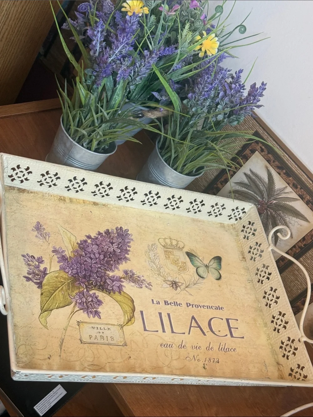 Lavender Faux Floral Arrangement in Gray Metal Planter - Home Accents